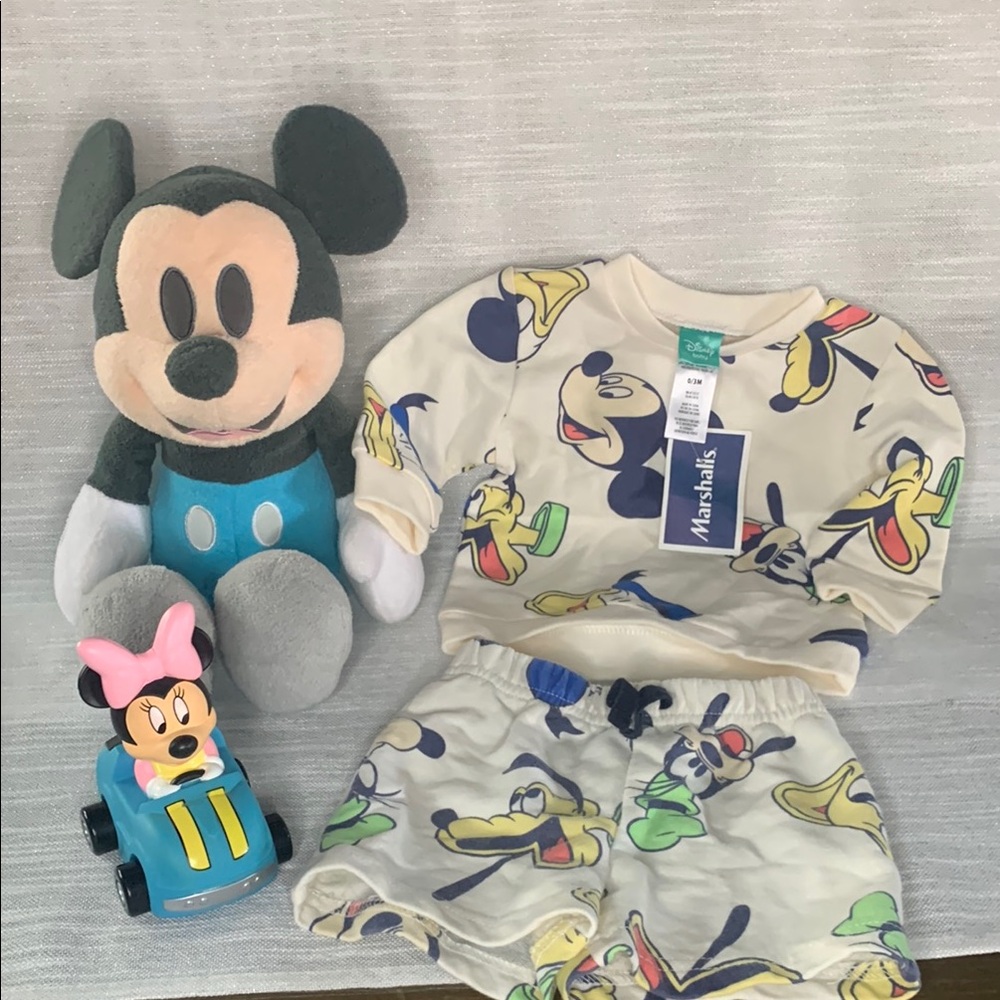 Disney baby outfit and Disney park toy car and Mickey Mouse stuffed animal